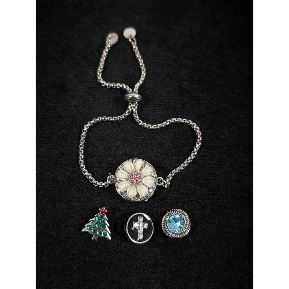 Silver Tone Snap Charm Bracelet With 4 Charms Adjustable Christmas Tree Cross